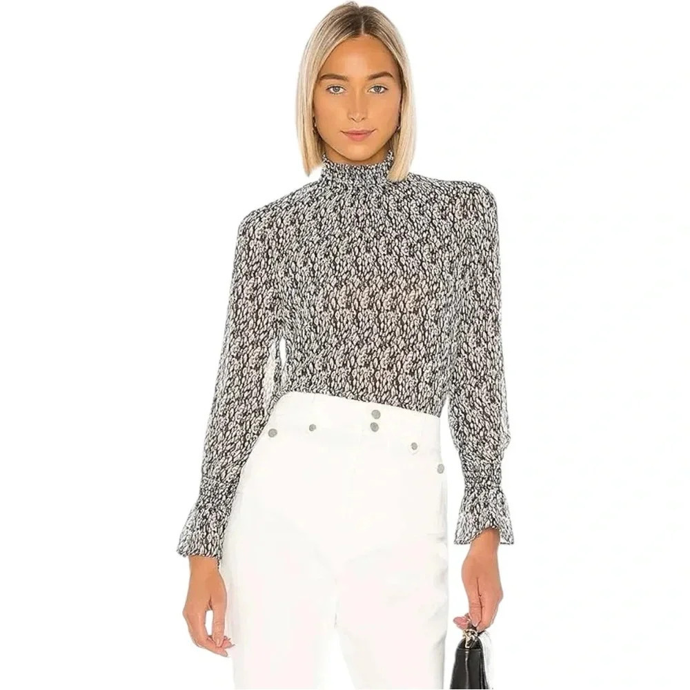 MISA LOS ANGELES | Giana Snakeskin Top | Long Sleeve SemiSheer Smocked Blouse XS